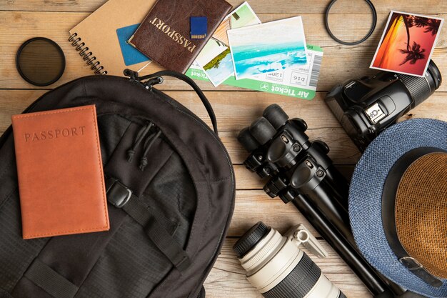 Backpack packed for travel with passport and camera