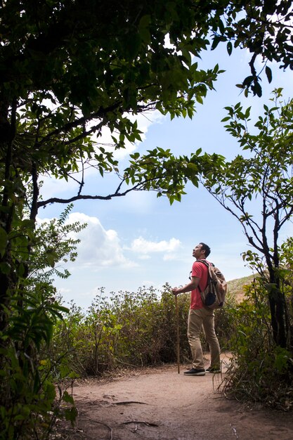 Backpacker looking up to sky