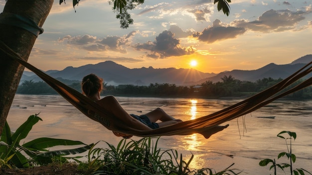 Free photo a backpacker relaxing on a hammock with a view of the sunset over the mekong river in laos