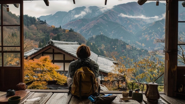 Free photo a backpacker resting at a traditional tea house in the mountains of japan