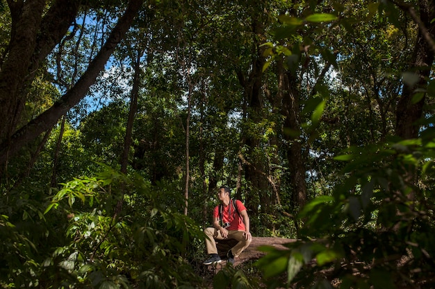 Free Photo backpacker sitting in jungle