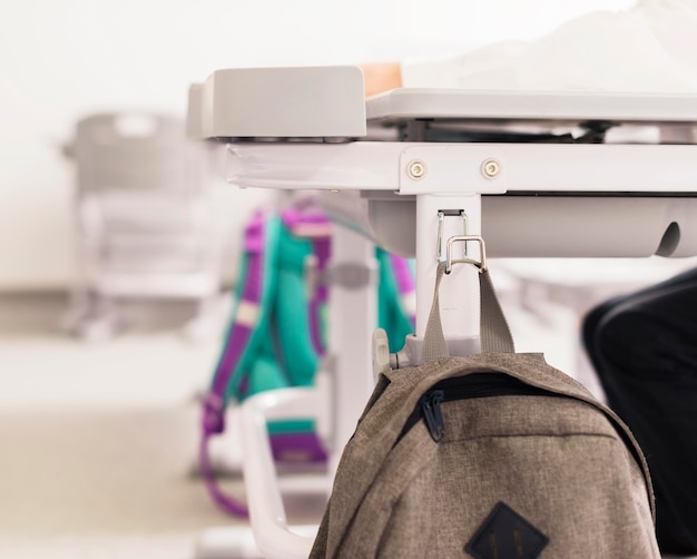 Backpacks on the floor next to desks