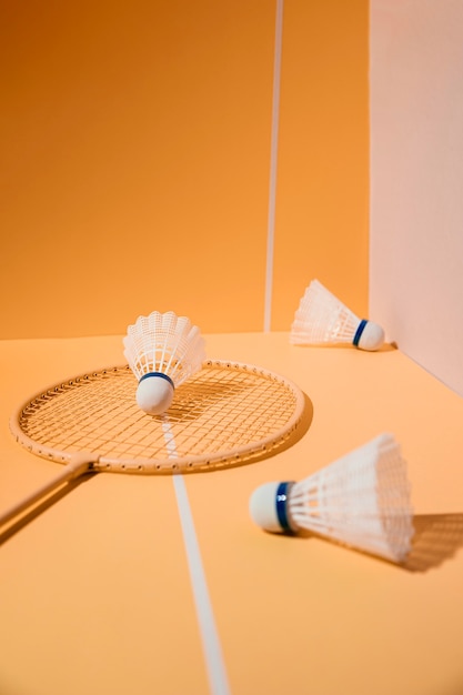 Badminton racket and shuttlecocks high angle