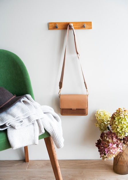 Bag hanging from furniture item indoors