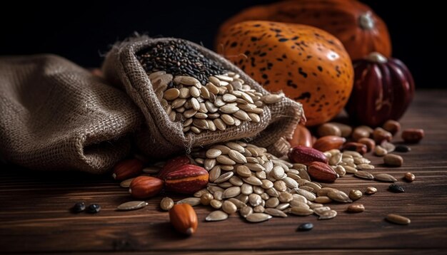 A bag of seeds is filled with seeds and a coconut plant.