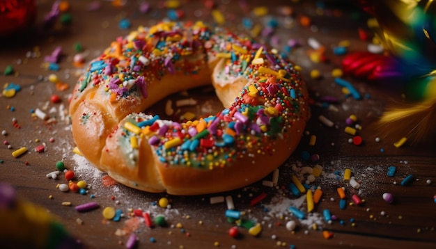 Free photo a bagel with multicolored sprinkles on it