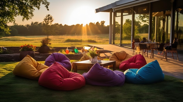 Free photo bagger bean bags rest on the shady grass offering a relaxed seating option in a modern outdoor party setting