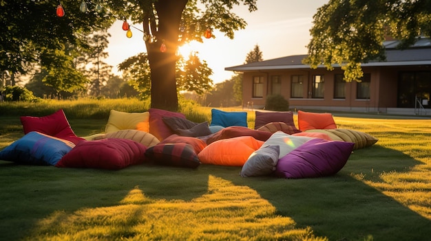 Free photo bagger bean bags rest on the shady grass offering a relaxed seating option in a modern outdoor party setting