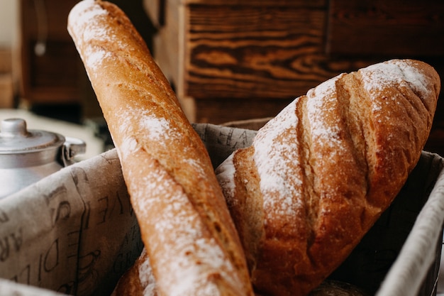 baked bread with flour whole tasty inside basket