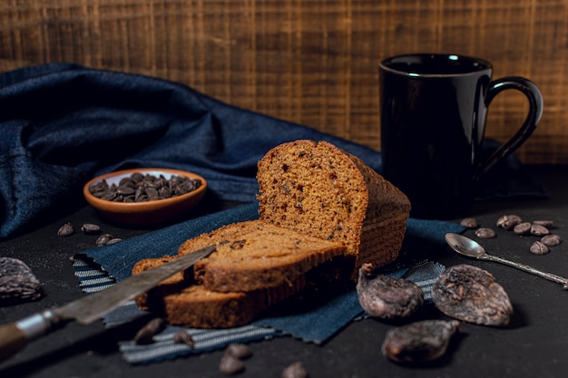 Baked cake and hot chocolate mug