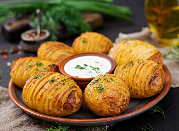 Baked potato with herbs and sauce. Vegan food. Healthy meal.