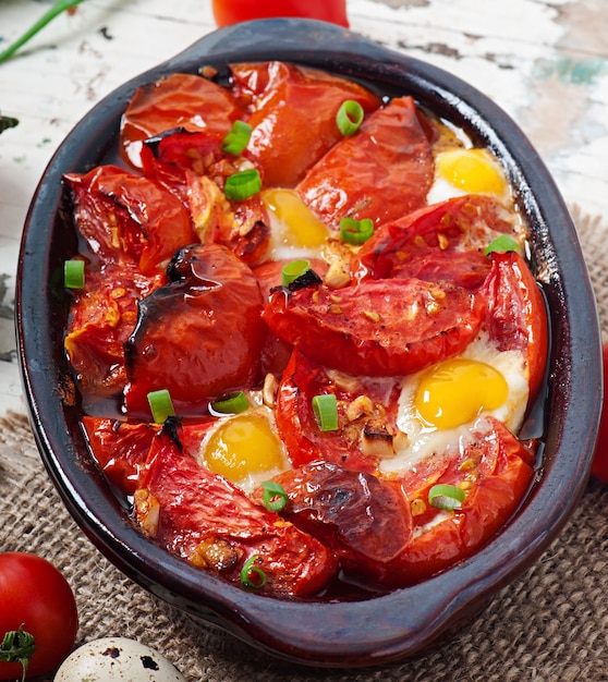 Free photo baked tomatoes with garlic and eggs decorated with green onions