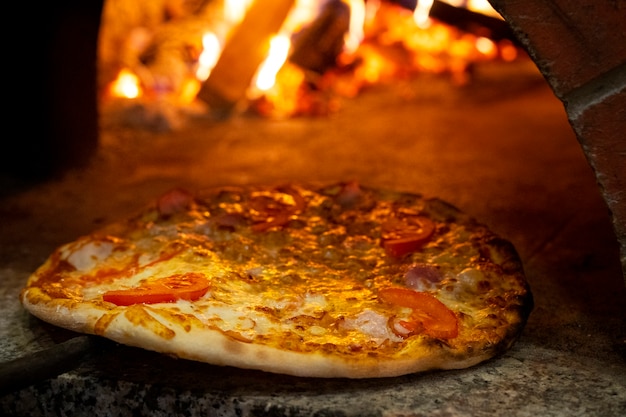 Free photo baking delicious pizza with wood fired oven