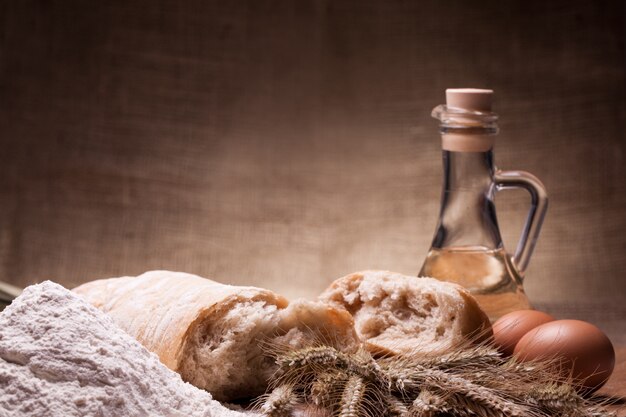 Baking ingredients on wooden table