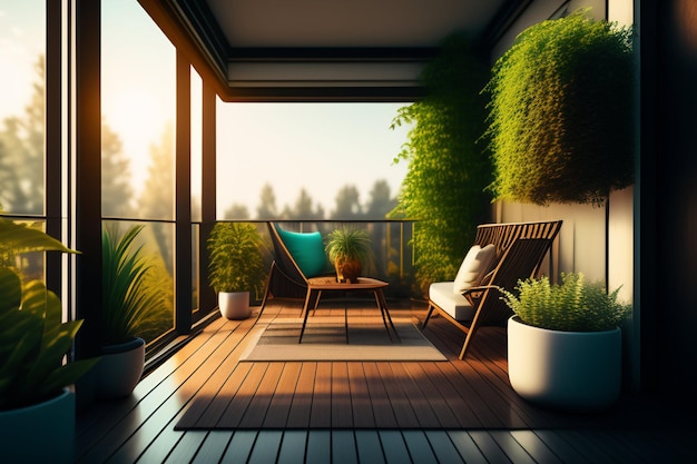 Free photo a balcony with a green wall and a chair with a blue pillow.