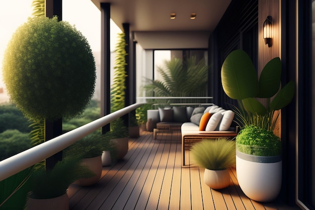 A balcony with plants and a couch