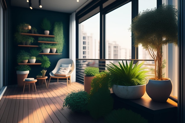 A balcony with plants on the wall