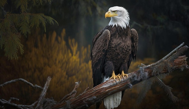 Bald eagle perched majestically on tree branch generative AI