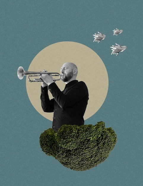 Free photo bald man playing trumpet