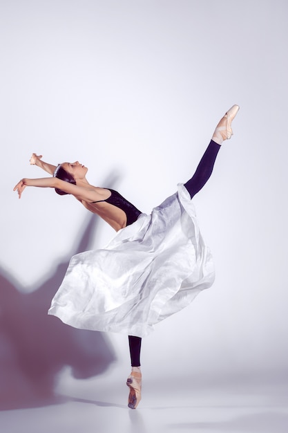 Ballerina in black outfit posing on toes.