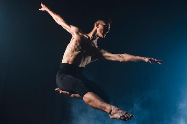 Free photo ballerino dancing in tights with smoke