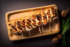 Free photo a bamboo tray with grilled chicken skewers on it