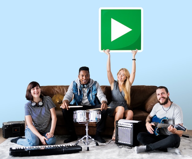 Free photo band of musicians holding a play button icon