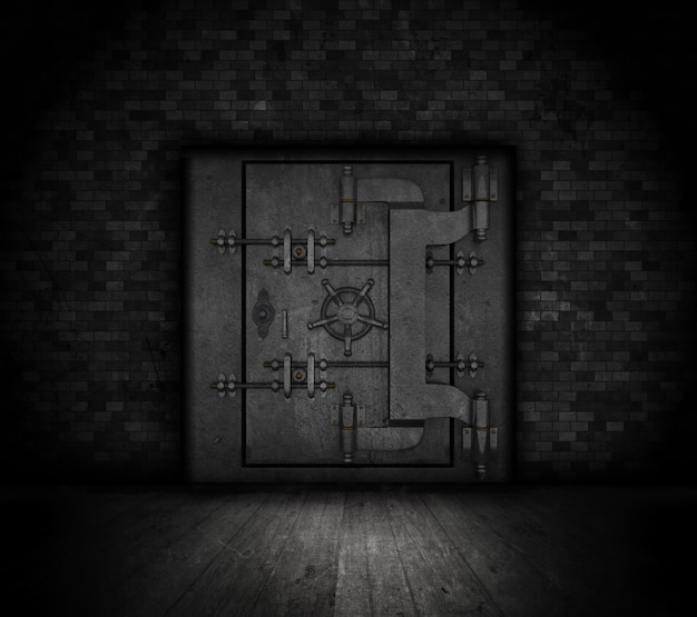 Free photo bank vault door in a dark interior