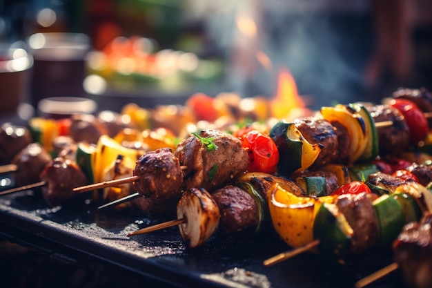 Free photo barbecue skewers meat and vegetables cooking on grills