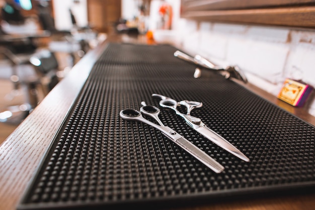 Barber shop equipment on wooden table