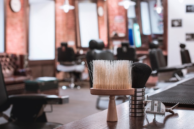 Barber shop equipment on wooden.