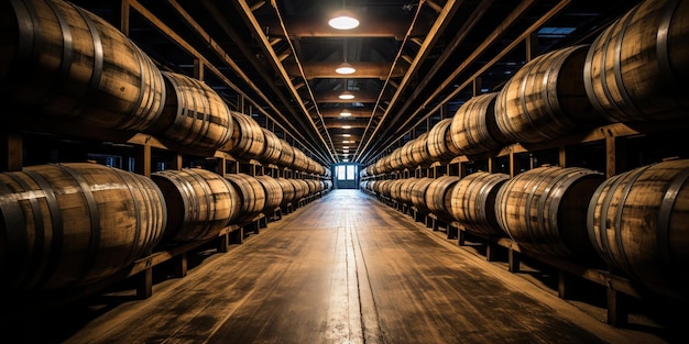 Barrels of whiskey and bourbon aging in a storage facility