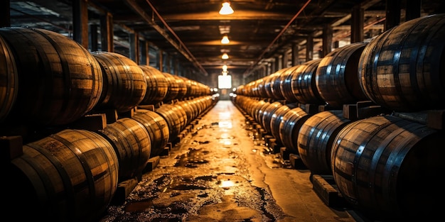 Free Photo barrels of whiskey and bourbon aging in a storage facility