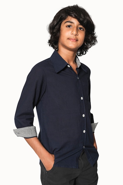 Free photo basic dark blue shirt for boys' apparel studio shoot