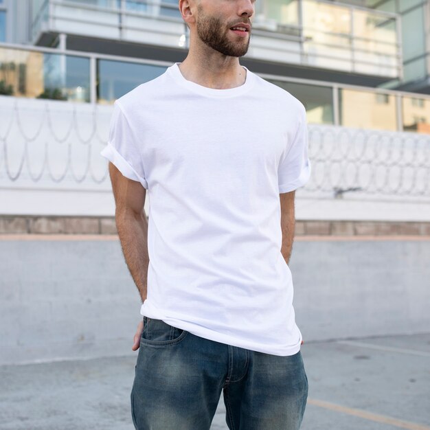 Basic white t-shirt men's fashion apparel outdoor shoot