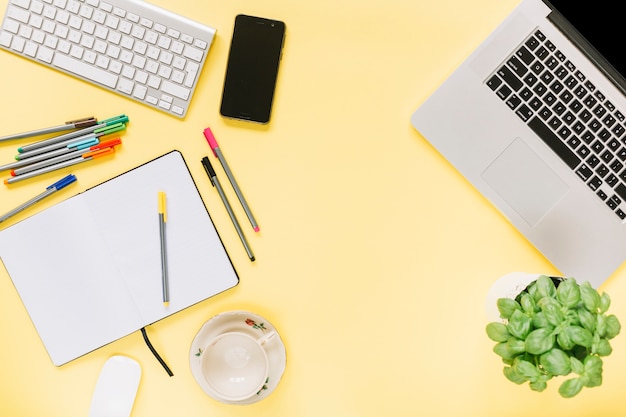 Basil potted plant; stationery ; cellphone; keyboard and laptop on yellow background