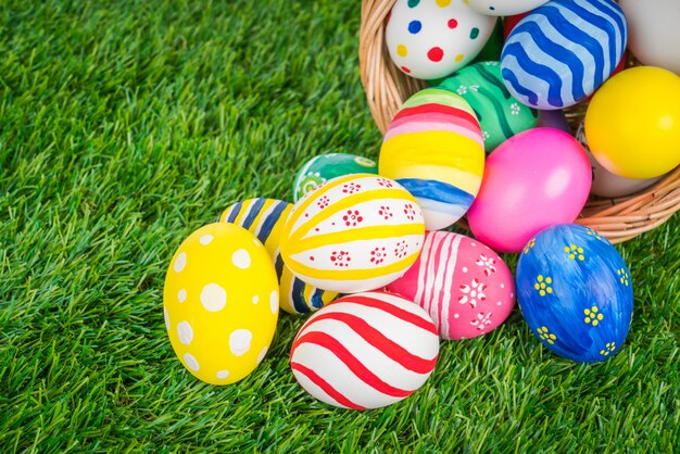 Basket of easter eggs  on Fresh Green Grass