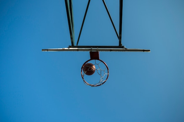 Free Photo basketball going through hoop low angle