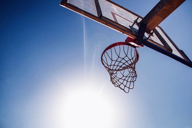 Basketball hoop with blue sky