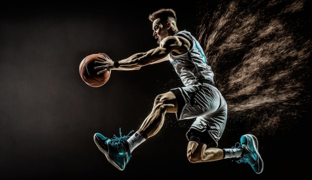 Basketball player in uniform jumping high to make a slam dunk to the basket generative ai