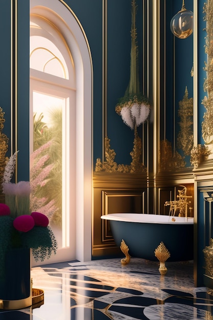 Free photo a bathroom with a gold and black bathtub and a window that says'royal'on it