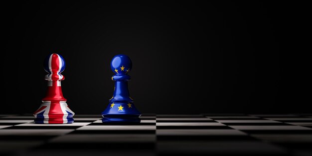 Battle of United Kingdom and EU flag which print screen on pawn chess  England have business conflict after out of EURO zone concept by 3d render