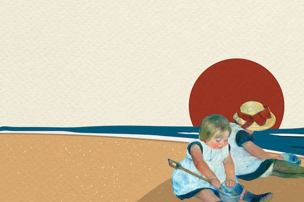 Free Photo beach background with children playing together, remixed from artworks by mary cassatt