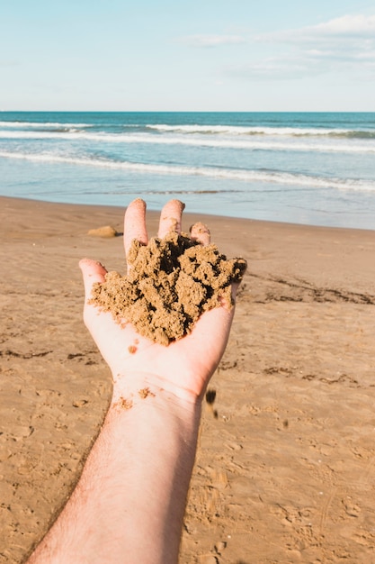 Free photo beach concept with hand holding sand