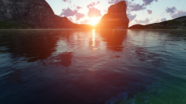 Beach at sunset between rocks