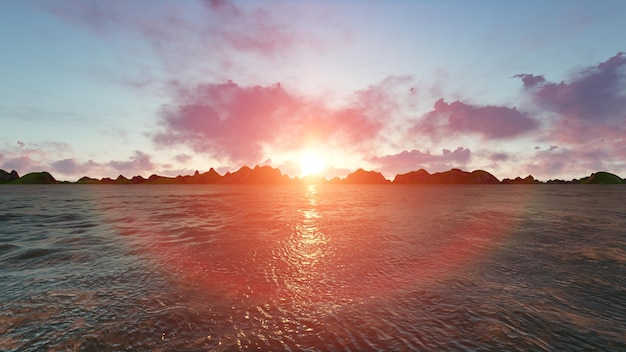 Free photo beach at sunset with an island background