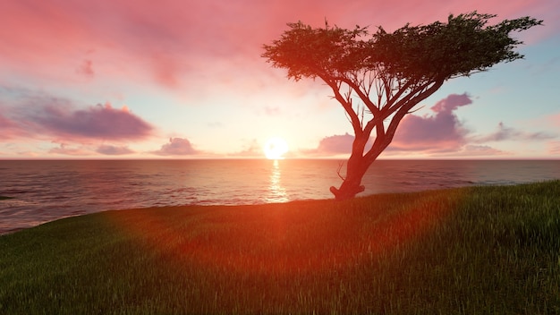 Free photo beach at sunset with a tree