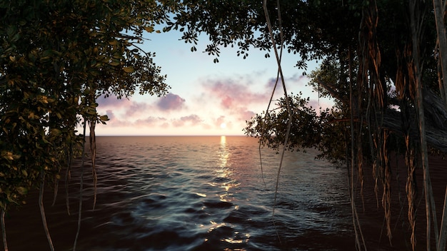 Free photo beach at sunset with trees