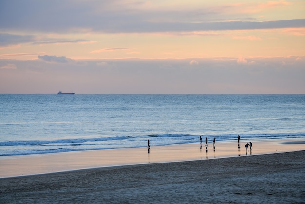 Beach surrounded by the sea and people under a cloudy sky during a beautiful sunset