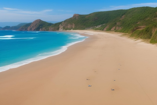 Free photo a beach with a blue sky and a mountain in the background